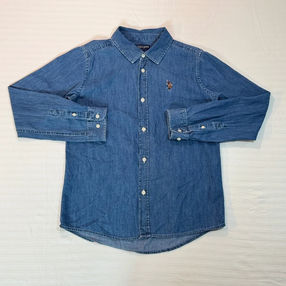 US Polo Assn Boys Denim Button Down Shirt Blue Long Sleeve XL 14-16